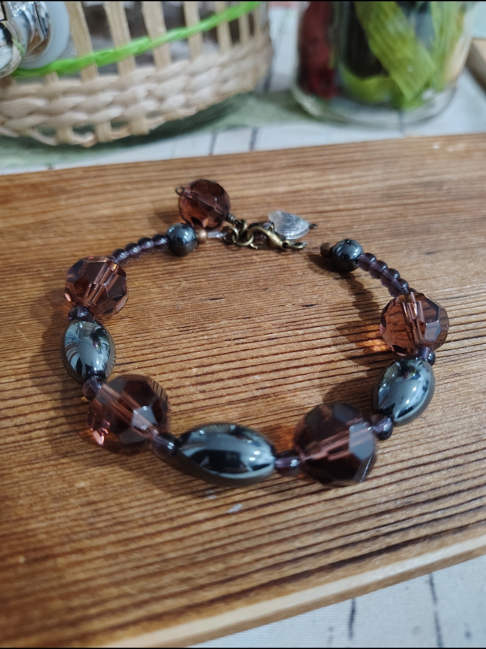 Purple and Hematite Beaded Women's Bracelet,  Handmade Ladies Bracelet